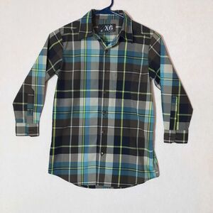 XG Boys Long Sleeve Plaid Button Down Shirt Blue Green Gray Size 8 Small
